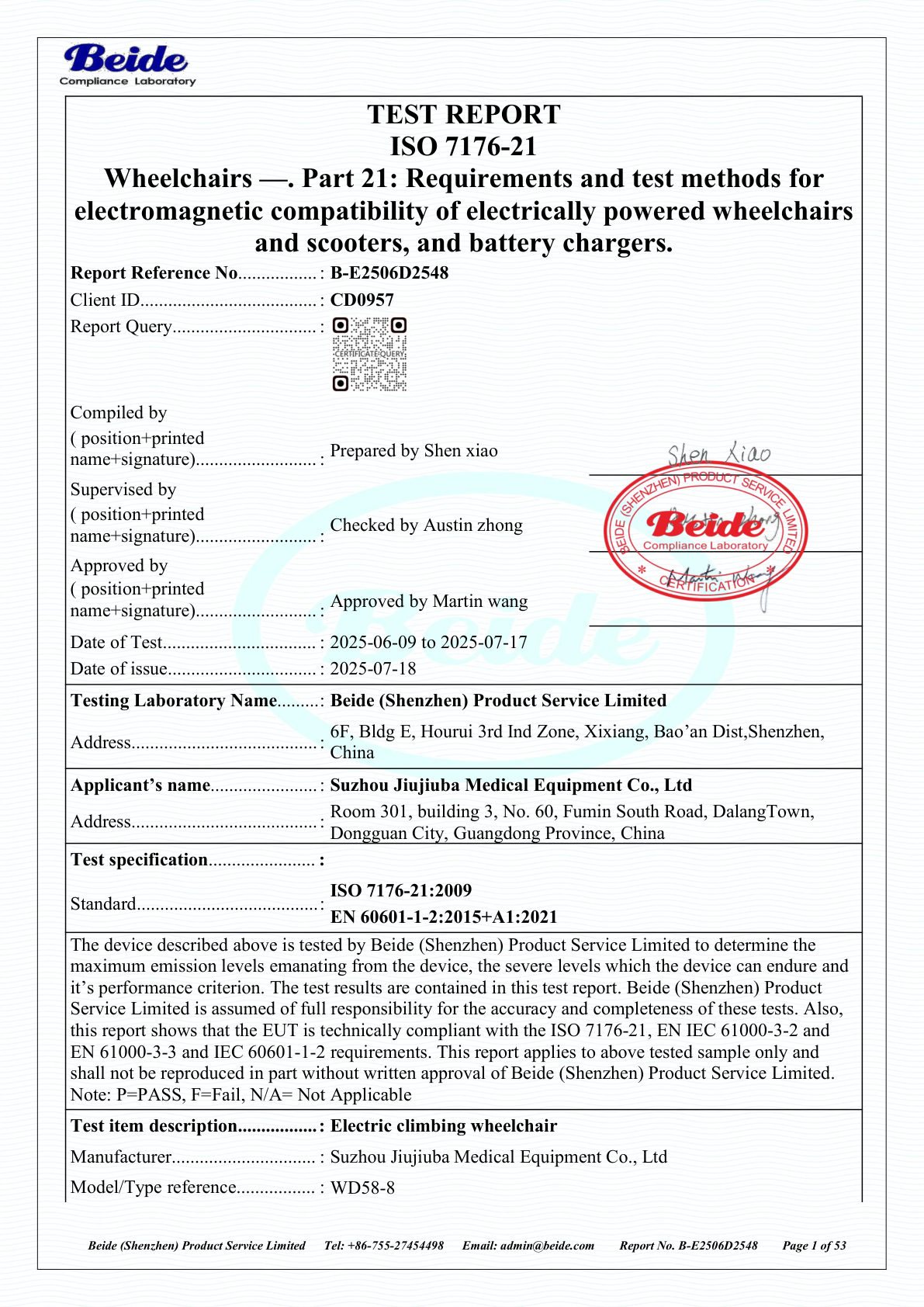 ISO 7176-21 EMC test report No. B-E2506D2548, 53 pages